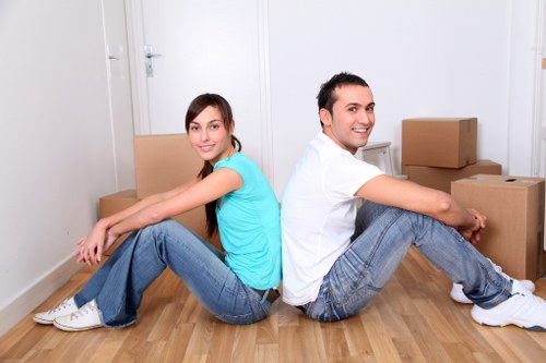 Removal van and packing boxes on a West London street